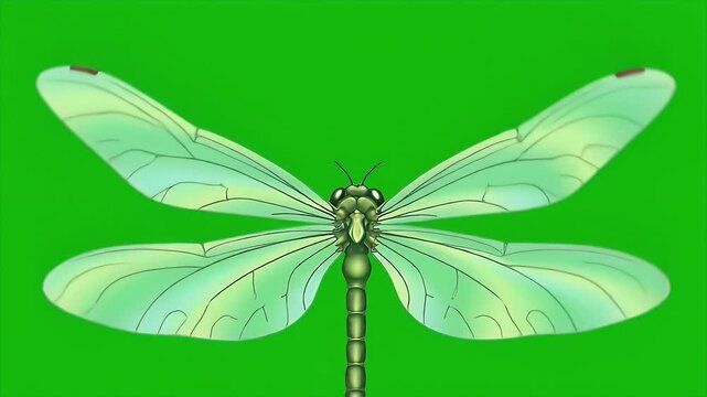 Green Dragonfly with Transparent Wings Flapping on a Chroma Key Background.