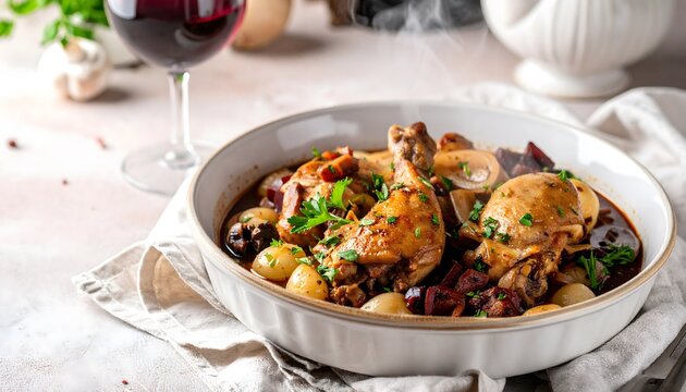 A bowl of coq au vin with chicken, mushrooms, and onions, garnished with parsley, served with a glass of red wine on a table. Coq au Vin with red wine and parsley garnish