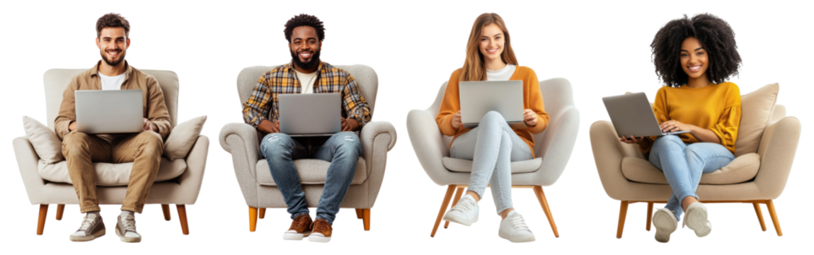 PNG Four people sitting on chairs, using laptops, smiling element set on transparent background.
