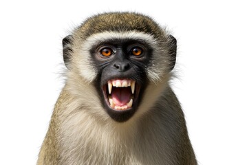 Fototapeta premium Close-up portrait of a monkey with its mouth open, teeth bared, showing aggression.