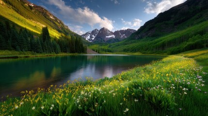 Fototapeta premium A tranquil alpine lake surrounded by lush green meadows, wildflowers, pine trees, and snow-capped mountains under a blue sky