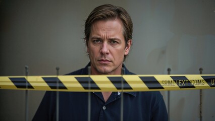 Man gazing intently from behind yellow caution tape in a serious expression, illustrating themes of security, restriction, and tension in an urban setting.