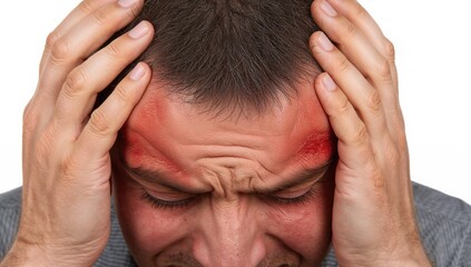 Fototapeta premium Close-up of a young man experiencing severe headache symptoms, holding his head in distress, with visible signs of discomfort and tension on his face.