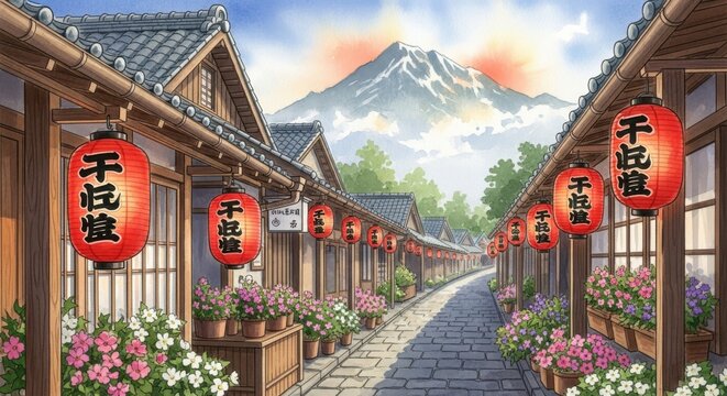 Traditional japanese street scene with lanterns and mount fuji majestic mountain peak