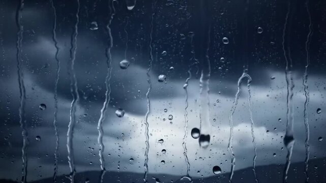 Rain droplets on a window pane with dark stormy clouds outside  