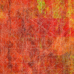 Fototapeta premium Warm golden and orange hues dominate this textured abstract, interlaced with earthy green highlights. Fine thread-like lines overlay blocks of varying tones, resembling fragmented maps 