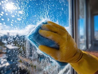 The real photo of cleaning and washing upvc double-glazed windows in the balcony.