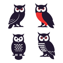 Set of four stylized owls with dark plumage and expressive eyes for decorative or educational purposes silhouette