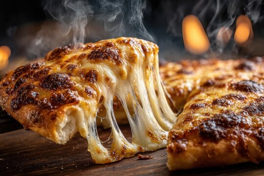 Close up of a pizza slice with melted cheese being lifted - Powered by Adobe