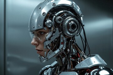 Fototapeta premium detailed profile view of a humanoid robot head highlighting intricate mechanical features and metallic components with electronic elements and wiring in a modern setting