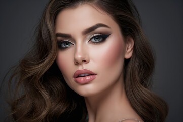 Fototapeta premium Close-up portrait of a woman with glamorous makeup, wavy hairstyle, glossy lips, and dark eyebrows, showcasing a festive winter beauty aesthetic with an elegant and sophisticated look.