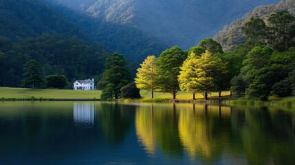 Fototapeta premium A serene lake reflects vibrant green trees and a distant white house, set against a backdrop of lush, misty mountains