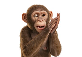 A young monkey with brown fur is clapping its hands together, looking forward with a surprised expression, set against a white background.