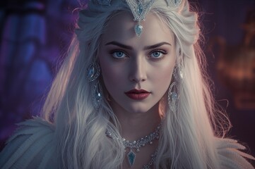 Fototapeta premium Portrait of a young woman with long white hair and striking blue eyes, adorned with a crown and elaborate jewelry in a dimly lit setting, evoking a winter queen theme
