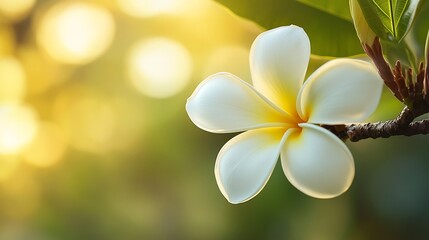 Obraz premium Delicate frangipani flower blossoms with golden light shining from behind, growing on a branch