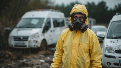 Virologist wearing a protective hazmat suit and gas mask standing on a contaminated site surrounded by abandoned vehicles exhibiting signs of biological hazard contamination
