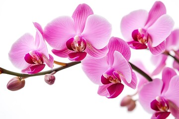 Delicate pink orchid blossoms and buds displayed against a clean, minimalist white background