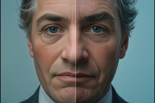 Human face split in half depicting contrasting features of aging and youthfulness with equalization theme of diversity, social equality, human rights, and acceptance across different demographics.