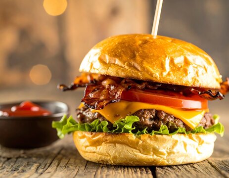 Gourmet burger on rustic wooden table