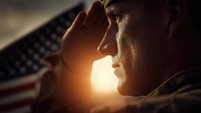 A soldier stands proudly and salutes during a solemn ceremony at sunset, honoring fallen comrades