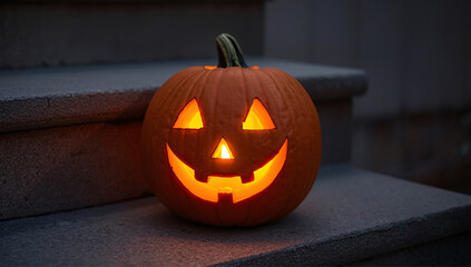 A glowing orange pumpkin with a happy face sits on a step