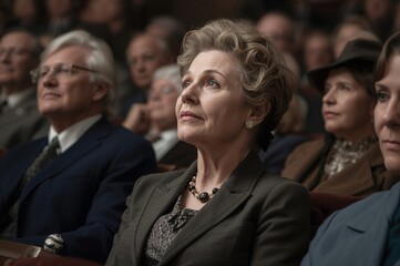 Audience members seated in a theater attentively watching a performance with expressions of intrigue and engagement highlighting diverse hairstyles and attire