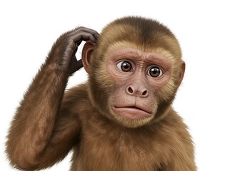 A confused young brown monkey scratches its head, looking puzzled and thoughtful against a white background.