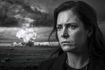Black and white portrait of a serious woman against a dramatic background featuring a nuclear explosion with dark clouds and barren landscape, conveying a sense of urgency and despair.