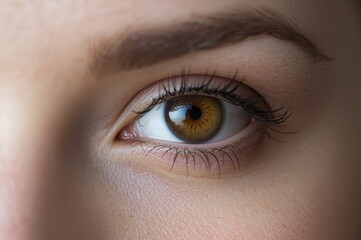 Obraz premium Close-up of a beautifully detailed brown eye with a unique iris pattern, featuring long eyelashes and natural skin tones, highlighting the ocular texture and depth.
