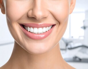 Obraz premium Close-up of a smiling woman with perfect white teeth.
