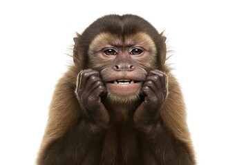 A funny brown capuchin monkey pulls its cheeks with its hands, making a silly grimace for the camera.