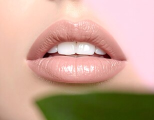 Obraz premium Close-up of a woman's lips with glossy nude lipstick on a pink background. Glossy lips on pink background