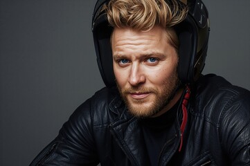 Fototapeta premium Studio portrait of a young blond man wearing a motorcycle helmet and leather jacket with a beard and goatee against a neutral gray background.