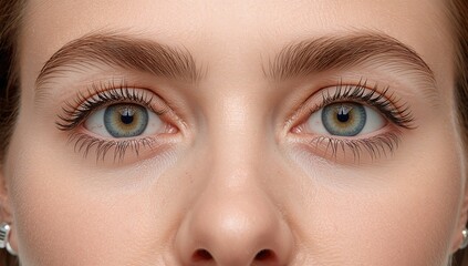 Obraz premium Close-up portrait of a young woman displaying before and after results of blepharoplasty surgery focusing on rejuvenated eye area with reduced puffiness and improved appearance.