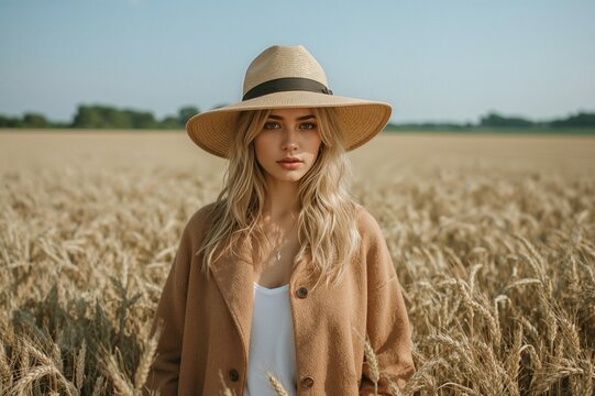 Young woman with long blonde hair wearing a wide-brimmed straw hat and beige coat standing in a wheat field under a clear blue sky during golden hour.