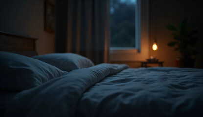A luxurious, tranquil bedroom promising restful sleep. A large bed. Dimly lit. Relaxation.