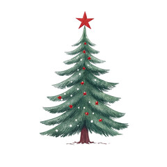Fototapeta premium Festive Evergreen Christmas Tree with Red Star and Ornaments. Seasonal Holiday Celebration Decor Element. Perfect for Winter-themed Designs and Merry Occasions. on transparent background