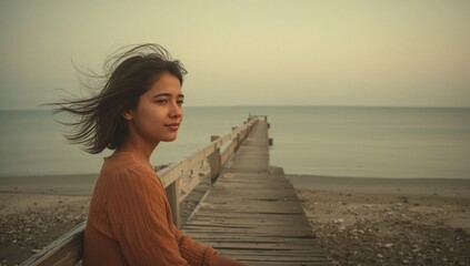 Young woman sitting alone on a weathered wooden pier overlooking calm water at sunset with soft wind blowing through her hair in a nostalgic vintage style.
