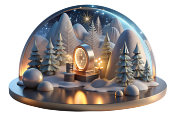 Magical winter snow globe with miniature village and sparkling christmas tree isolated on transparent background