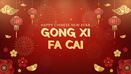 Fototapeta premium Happy Chinese New Year Greeting With Gong Xi Fa Cai In Golden Red Design