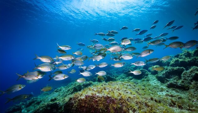school of fish sea breams underwater in the mediterranean port cros cote d azur france