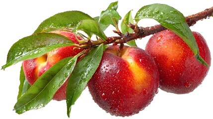 Fresh peach with branch and leaves on white background