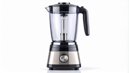 A realistic electric blender with transparent glass jar, metal base, and control buttons isolated on white background

