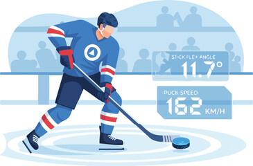 AI Ice Hockey Shot Velocity and Slap Shot Technique Vector Illustration. Player Training with Sensor Puck