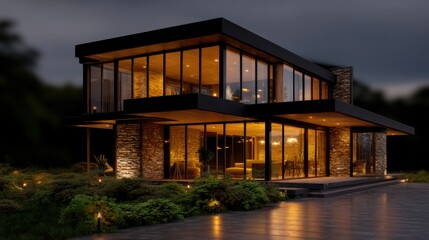 Modern two-story house with extensive glass walls, warm interior lighting, and sleek architectural lines, surrounded by lush greenery at dusk