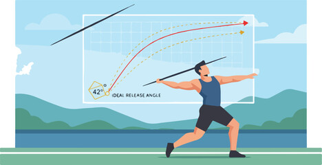 AI Javelin Throw Release Angle and Distance Prediction Vector Illustration. Athlete Analyzing Throw Metrics
