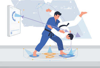 AI Judo Throw Rotation and Leverage Efficiency Vector Illustration. Martial Artists Training on Smart Mat