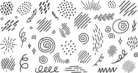 Hand-Drawn Doodle Abstract Textures Vector Set of Scribbles, Dots, Swirls, and Hatching for Creative Graphic Design Elements, Backgrounds, and Annotation Marks.