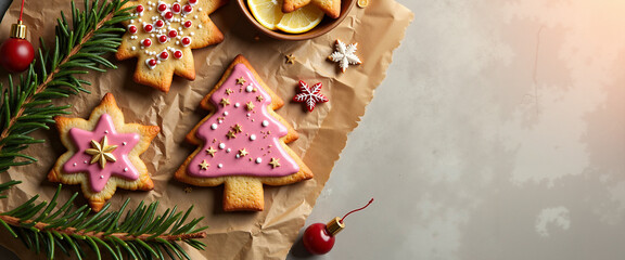 Obraz premium Christmas cookies decorated with icing on wooden background 