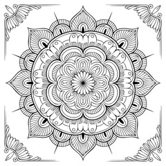 Complex circular mandala design with floral motifs and decorative corner elements, isolated on white background